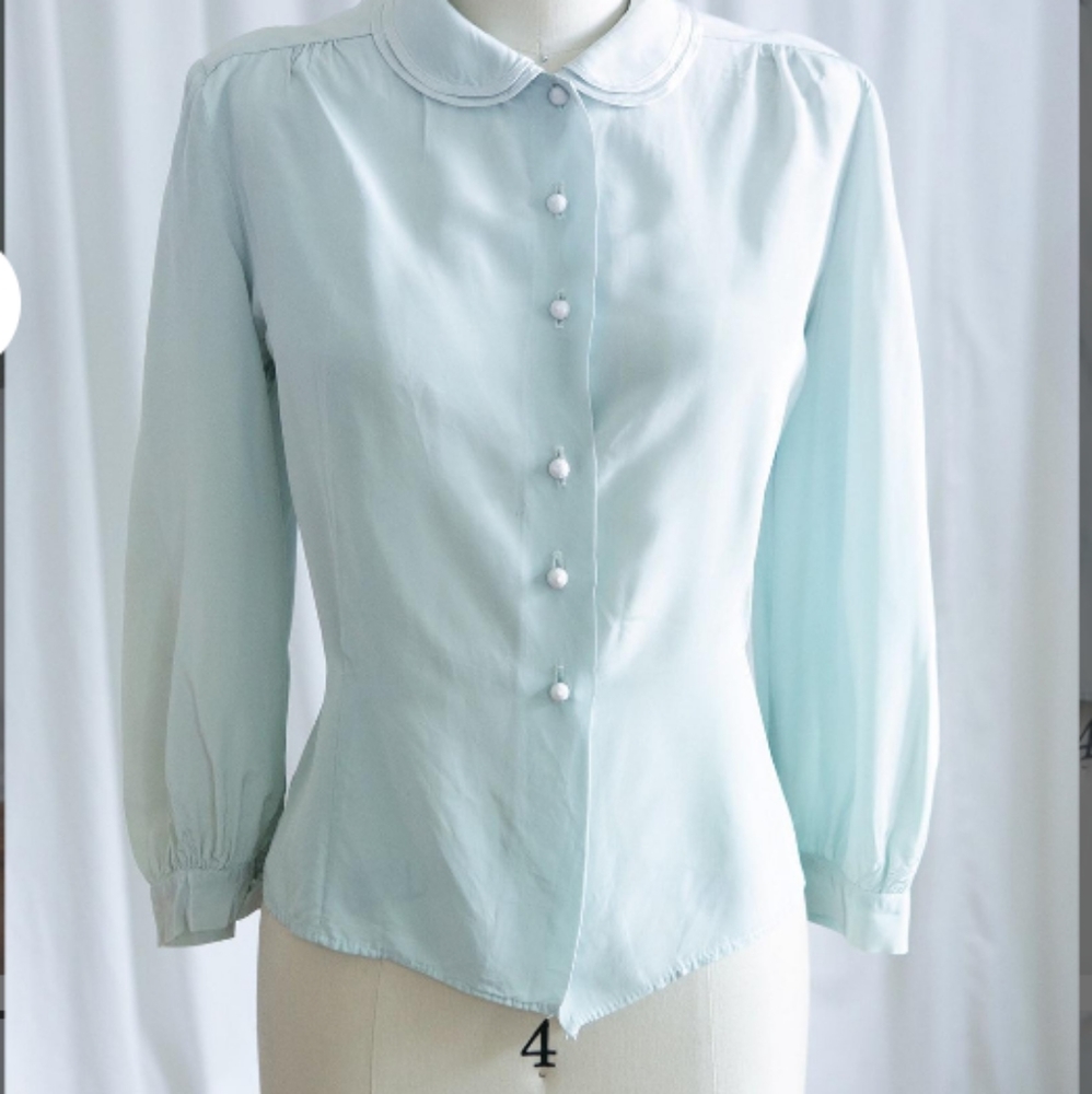 Seafoam blue 1940s rayon Peter pan collar blouse